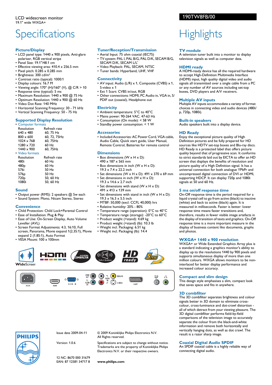 Specifications, Highlights | Philips 190TW8FB User Manual | Page 2 / 2