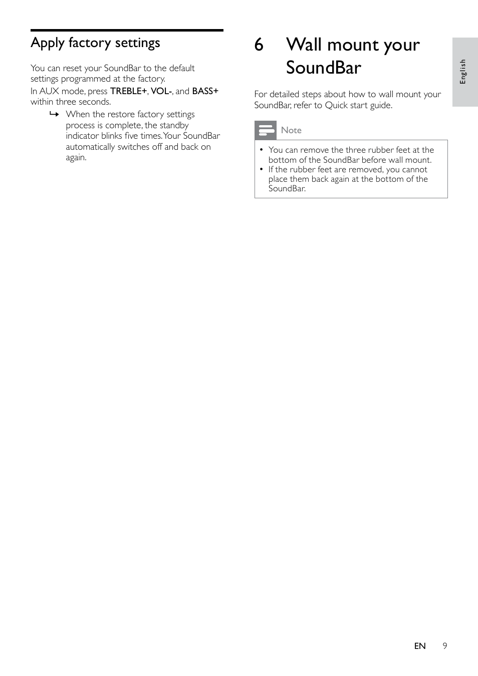 Apply factory settings, 6 wall mount your soundbar | Philips HTS3111 User Manual | Page 11 / 13