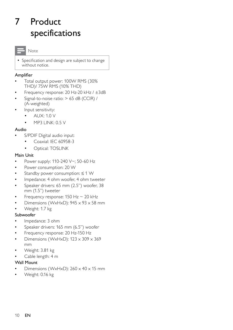 6 product specifications, 7 product specifications | Philips HTS3111 User Manual | Page 12 / 13