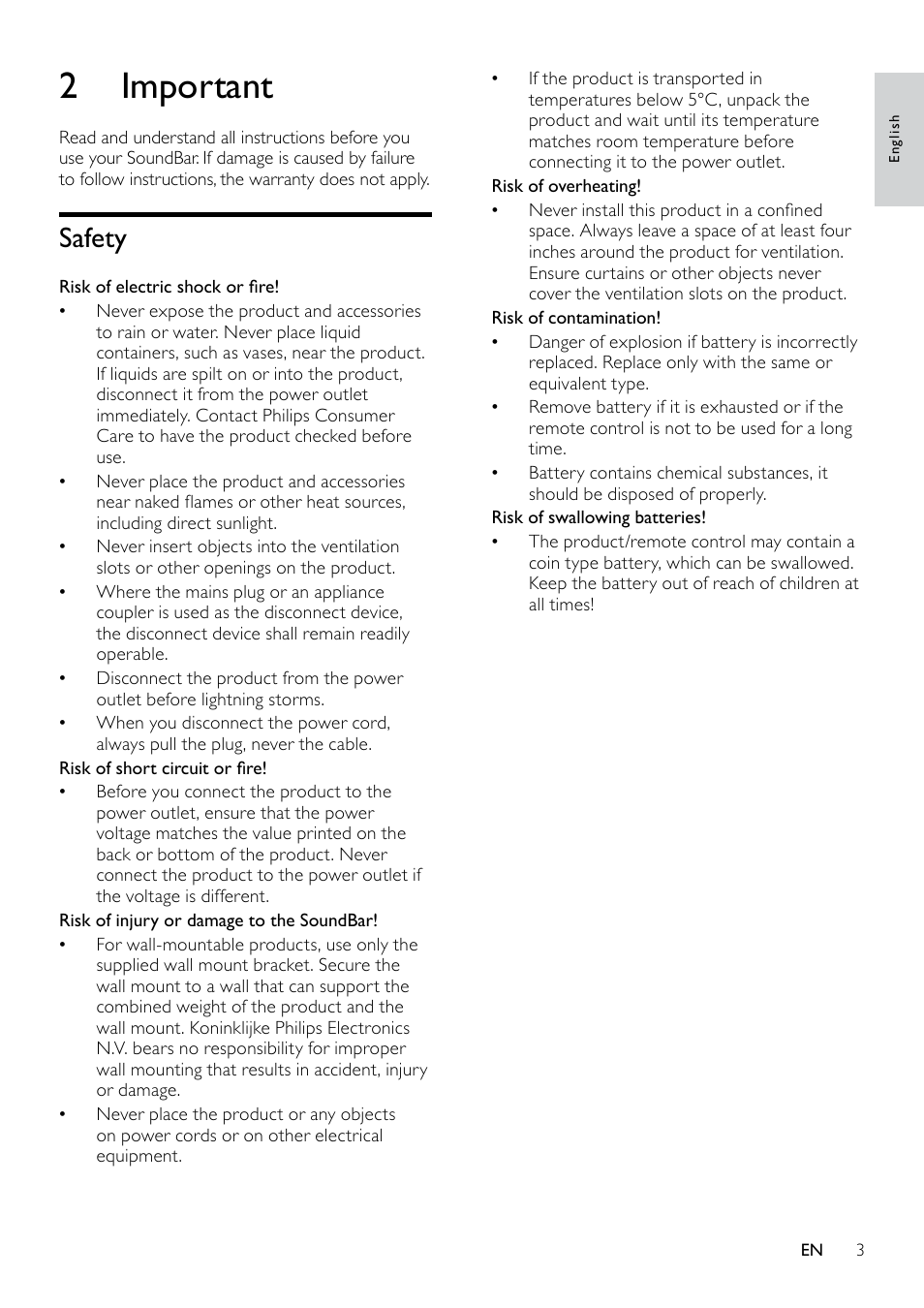 2 important, Safety, Product care | Disposal of your old product and batteries | Philips HTS3111 User Manual | Page 5 / 13