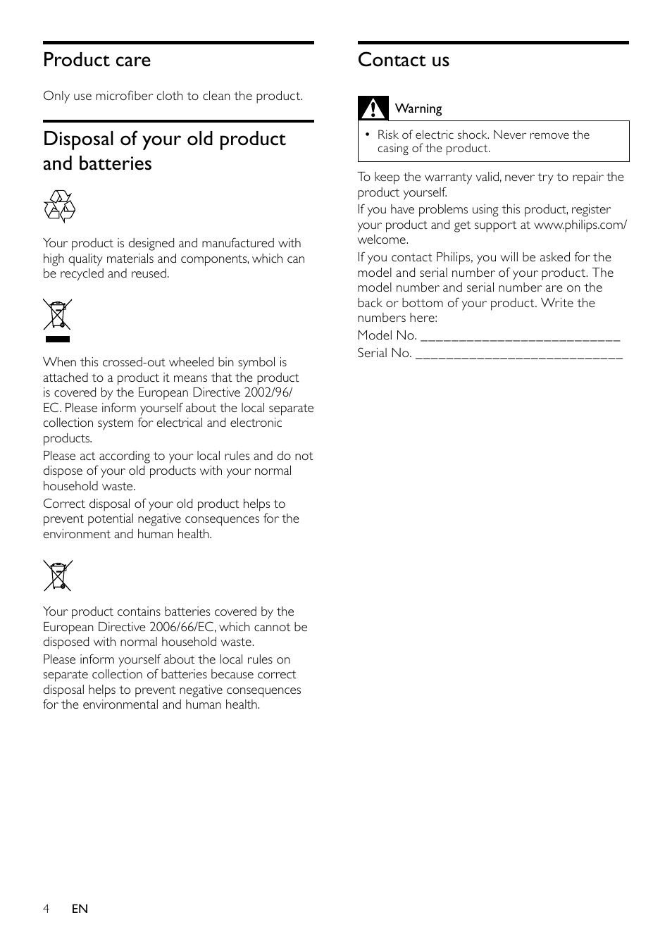 Contact us, Product care, Disposal of your old product and batteries | Philips HTS3111 User Manual | Page 6 / 13