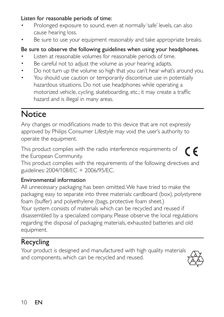 Notice, Recycling | Philips PET941A/37 User Manual | Page 10 / 23