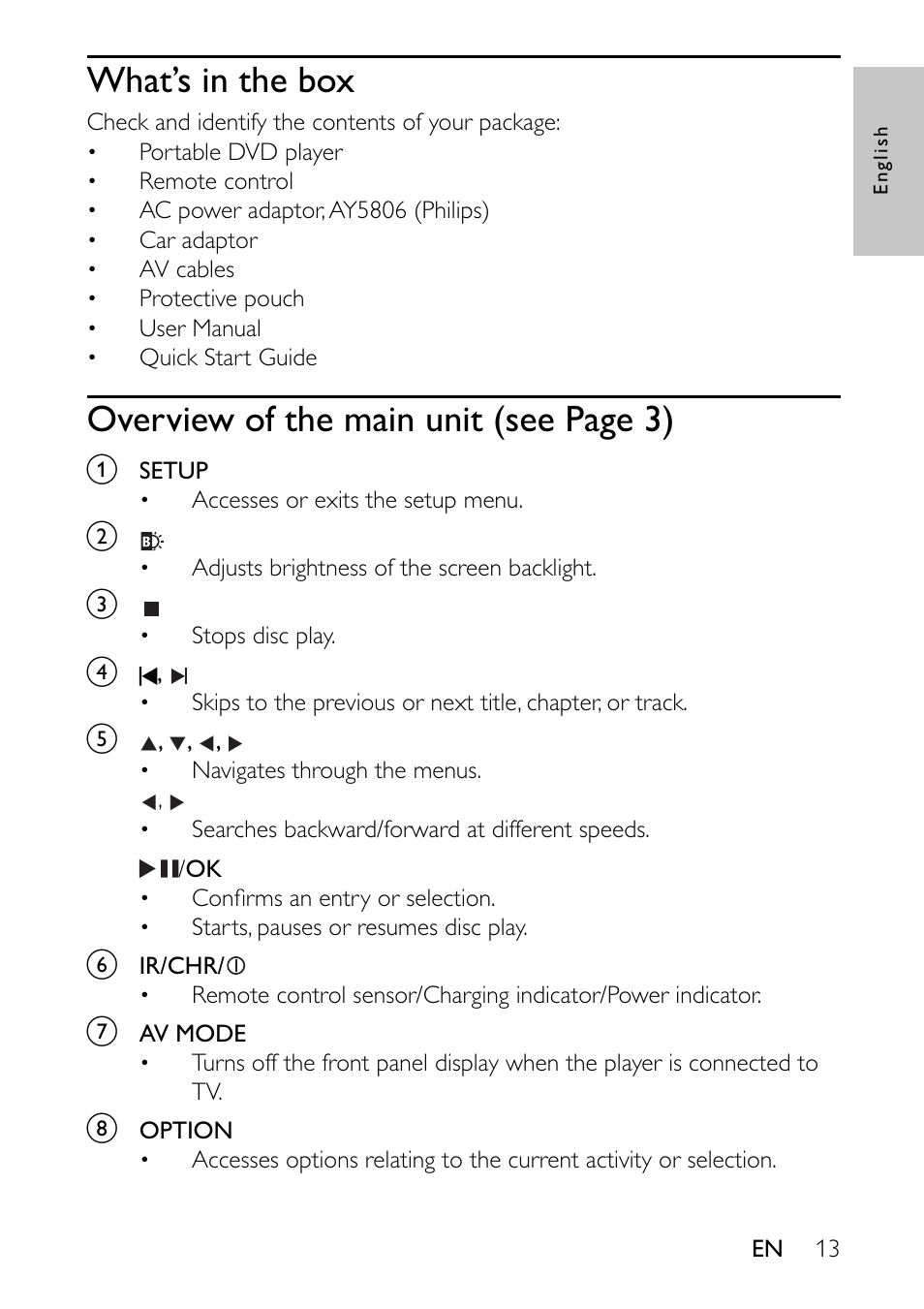 What’s in the box, Overview of the main unit (see page 3) | Philips PET941A/37 User Manual | Page 13 / 23