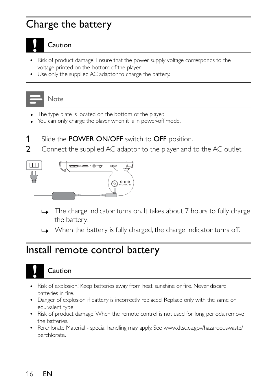 Charge the battery, Install remote control battery | Philips PET941A/37 User Manual | Page 16 / 23