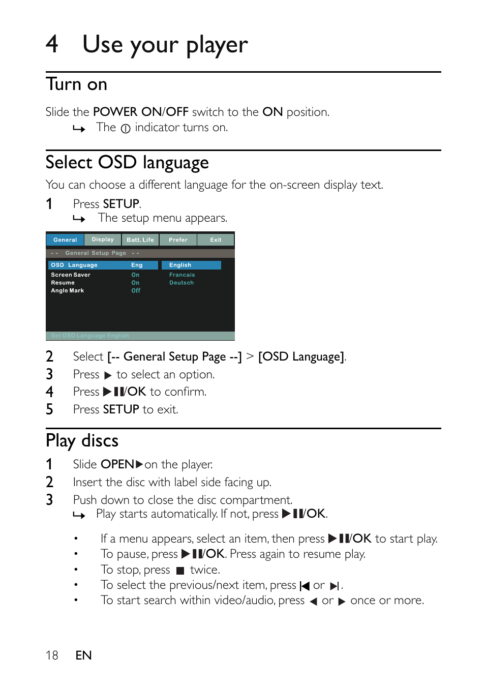 4 use your player, Turn on, Select osd language | Play discs | Philips PET941A/37 User Manual | Page 18 / 23