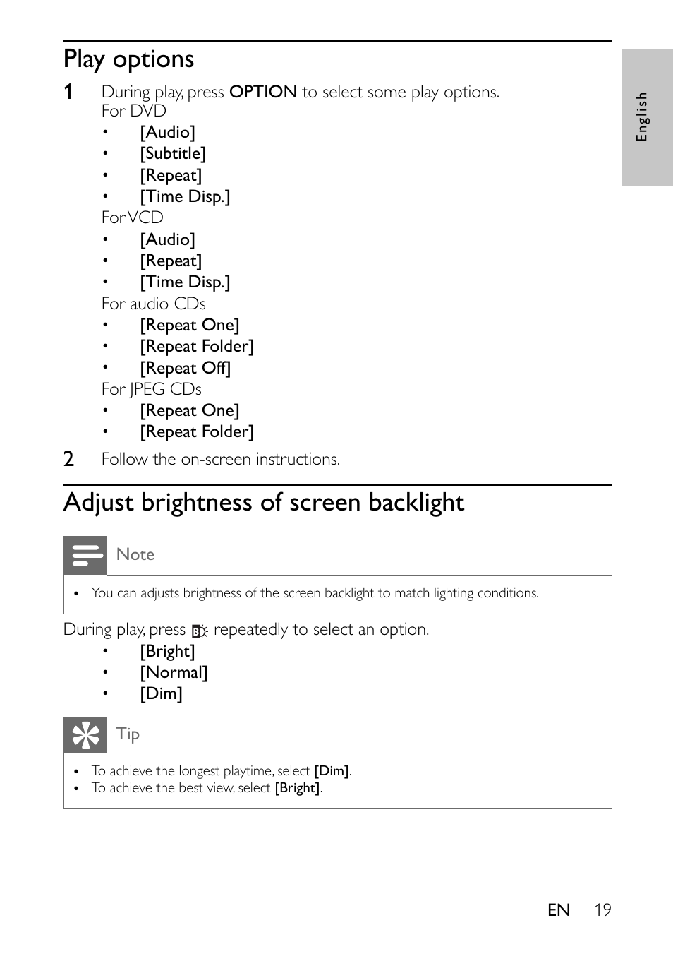 Play options, Adjust brightness of screen backlight | Philips PET941A/37 User Manual | Page 19 / 23