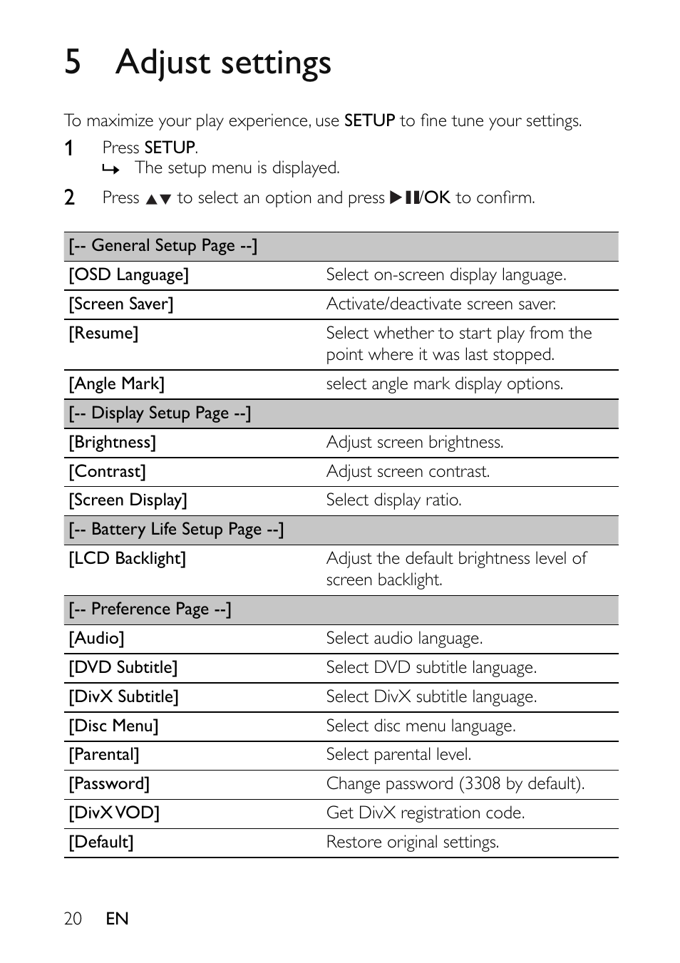 5 adjust settings | Philips PET941A/37 User Manual | Page 20 / 23