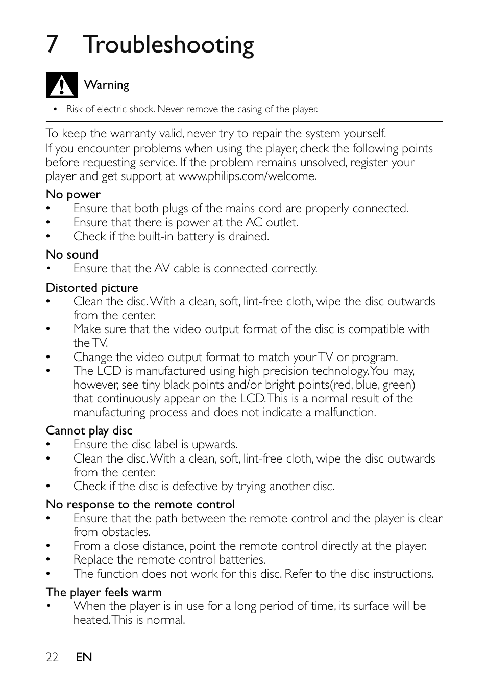 7 troubleshooting | Philips PET941A/37 User Manual | Page 22 / 23