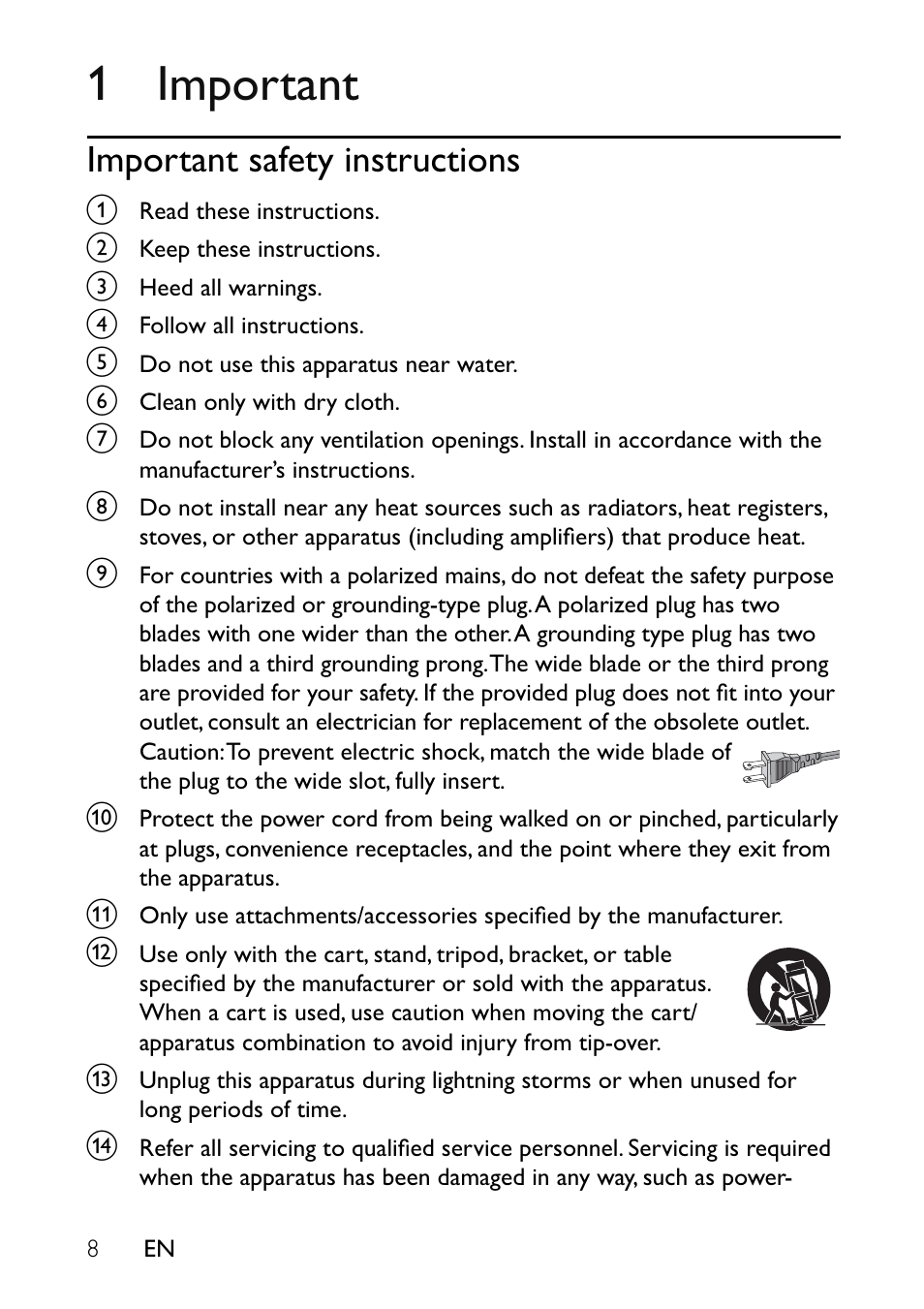 1 important, Important safety instructions | Philips PET941A/37 User Manual | Page 8 / 23