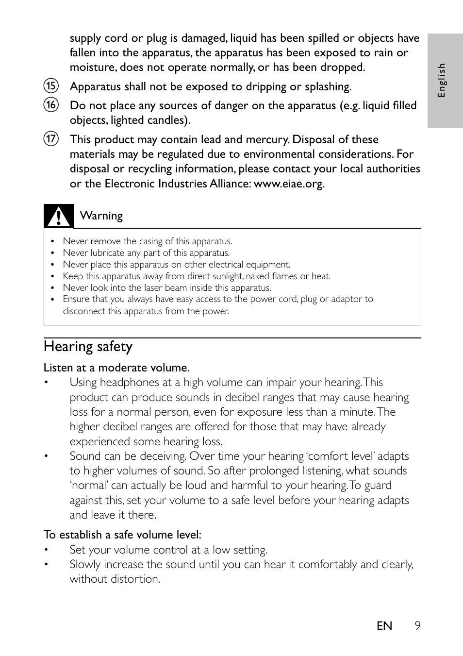 Hearing safety | Philips PET941A/37 User Manual | Page 9 / 23