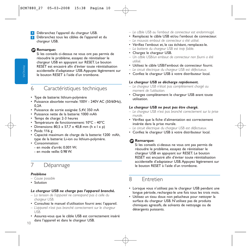 6caractéristiques techniques, 7dépannage, 8entretien | Philips SCM7880/27 User Manual | Page 10 / 16