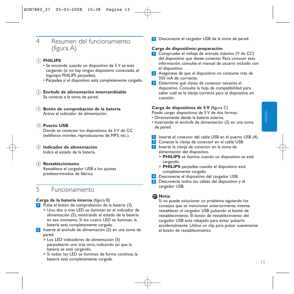 4resumen del funcionamiento (figura a), 5funcionamiento | Philips SCM7880/27 User Manual | Page 13 / 16