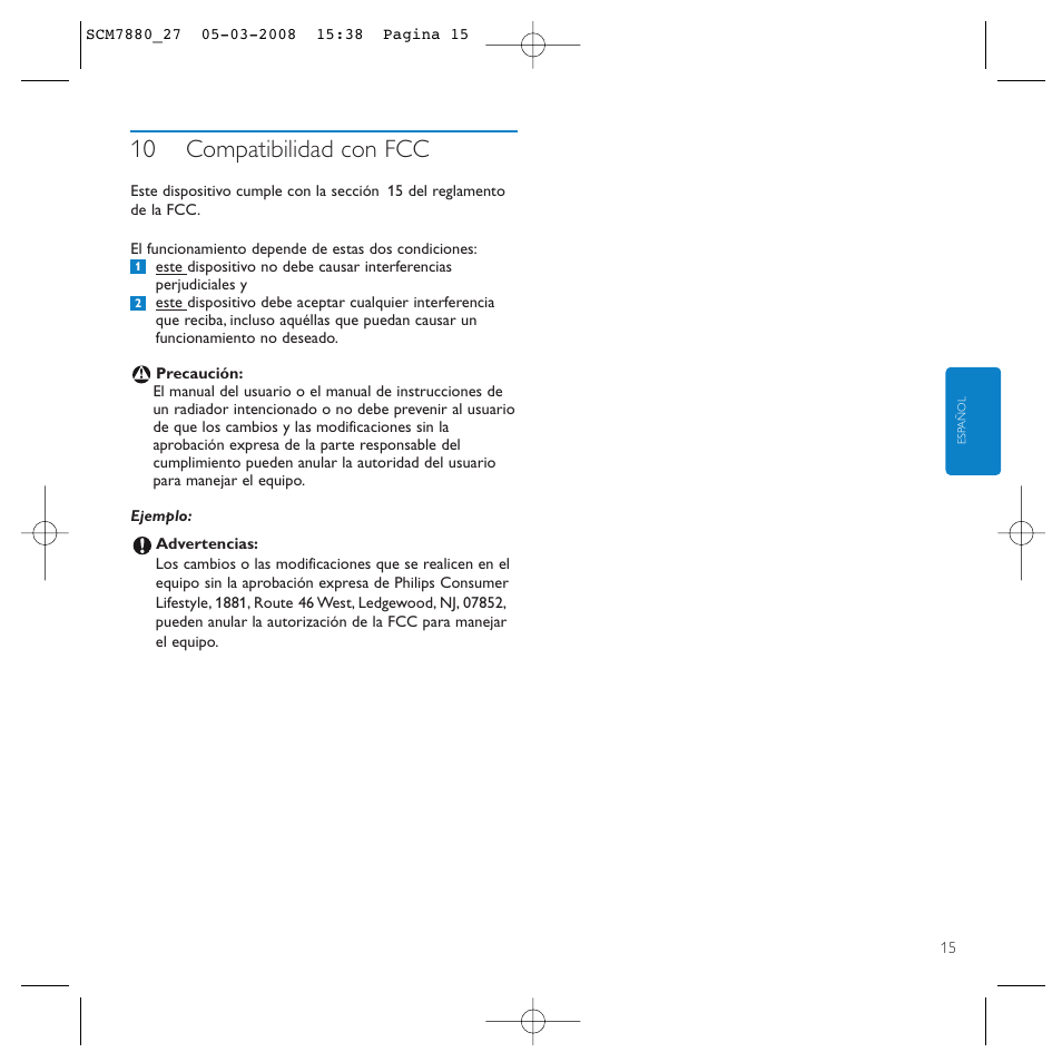 10 compatibilidad con fcc | Philips SCM7880/27 User Manual | Page 15 / 16