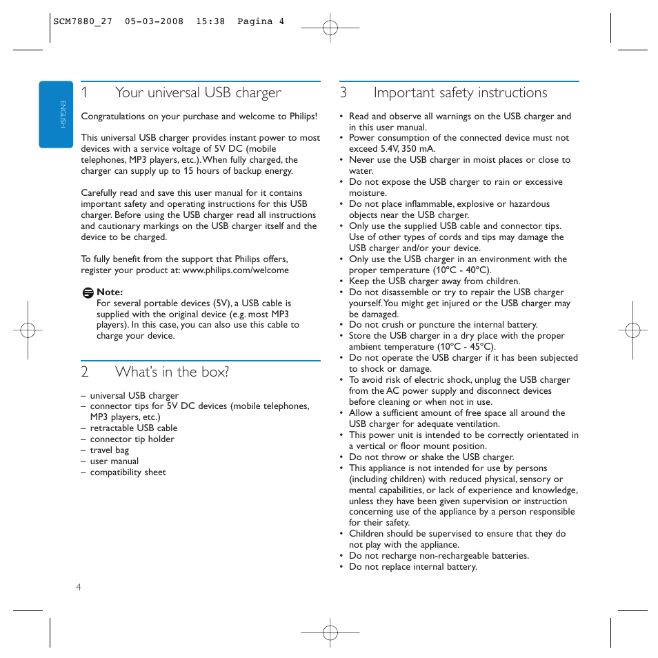 1your universal usb charger, 2what’s in the box, 3important safety instructions | Philips SCM7880/27 User Manual | Page 4 / 16