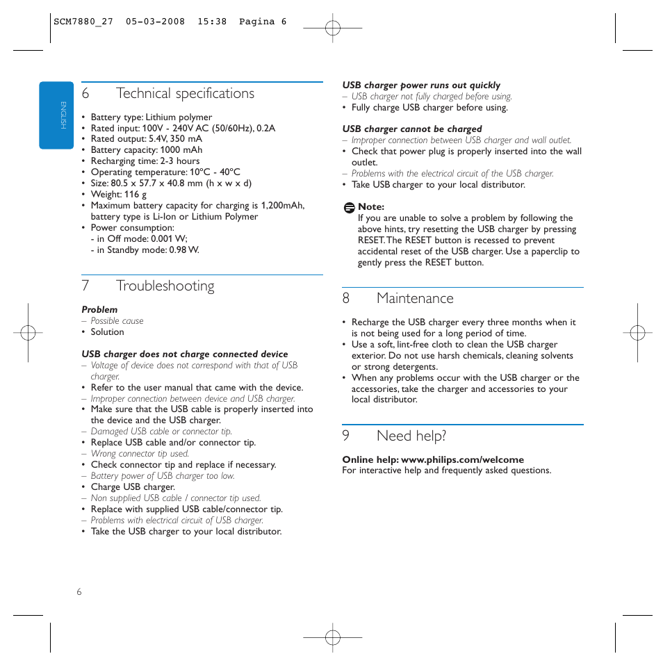 6technical specifications, 7troubleshooting, 8maintenance | 9need help | Philips SCM7880/27 User Manual | Page 6 / 16