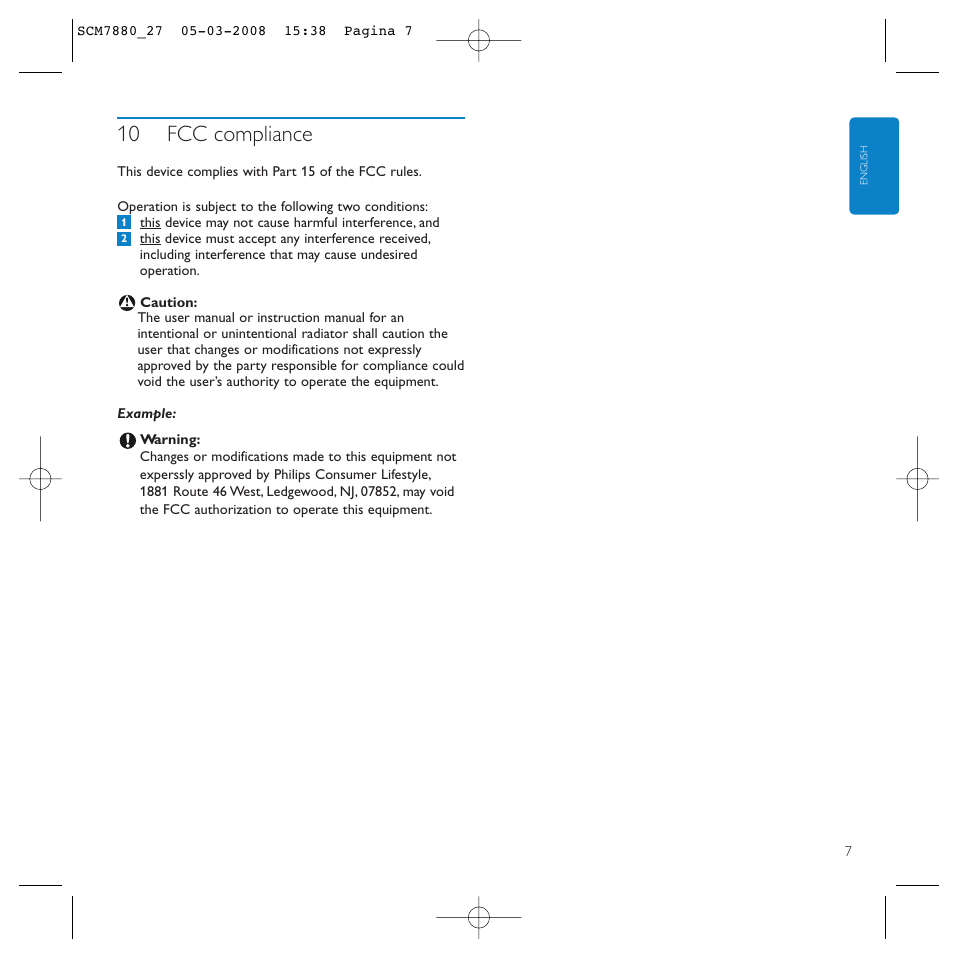 10 fcc compliance | Philips SCM7880/27 User Manual | Page 7 / 16