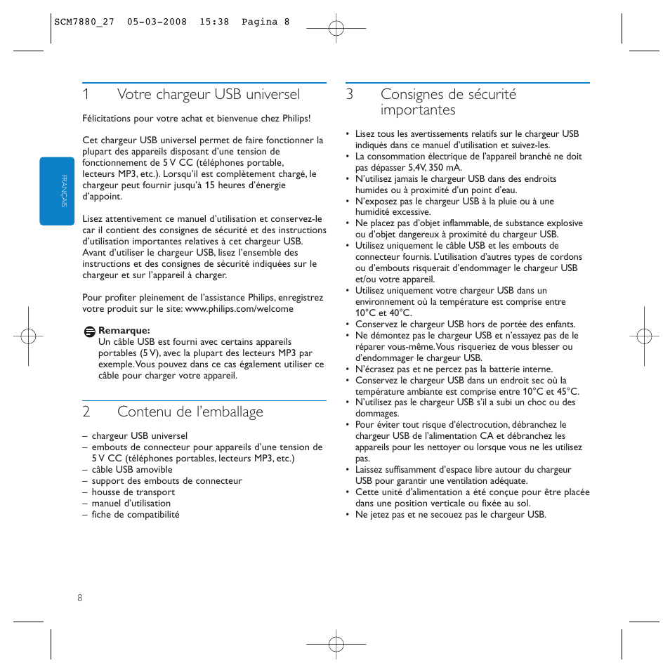 1votre chargeur usb universel, 2contenu de l’emballage, 3consignes de sécurité importantes | Philips SCM7880/27 User Manual | Page 8 / 16