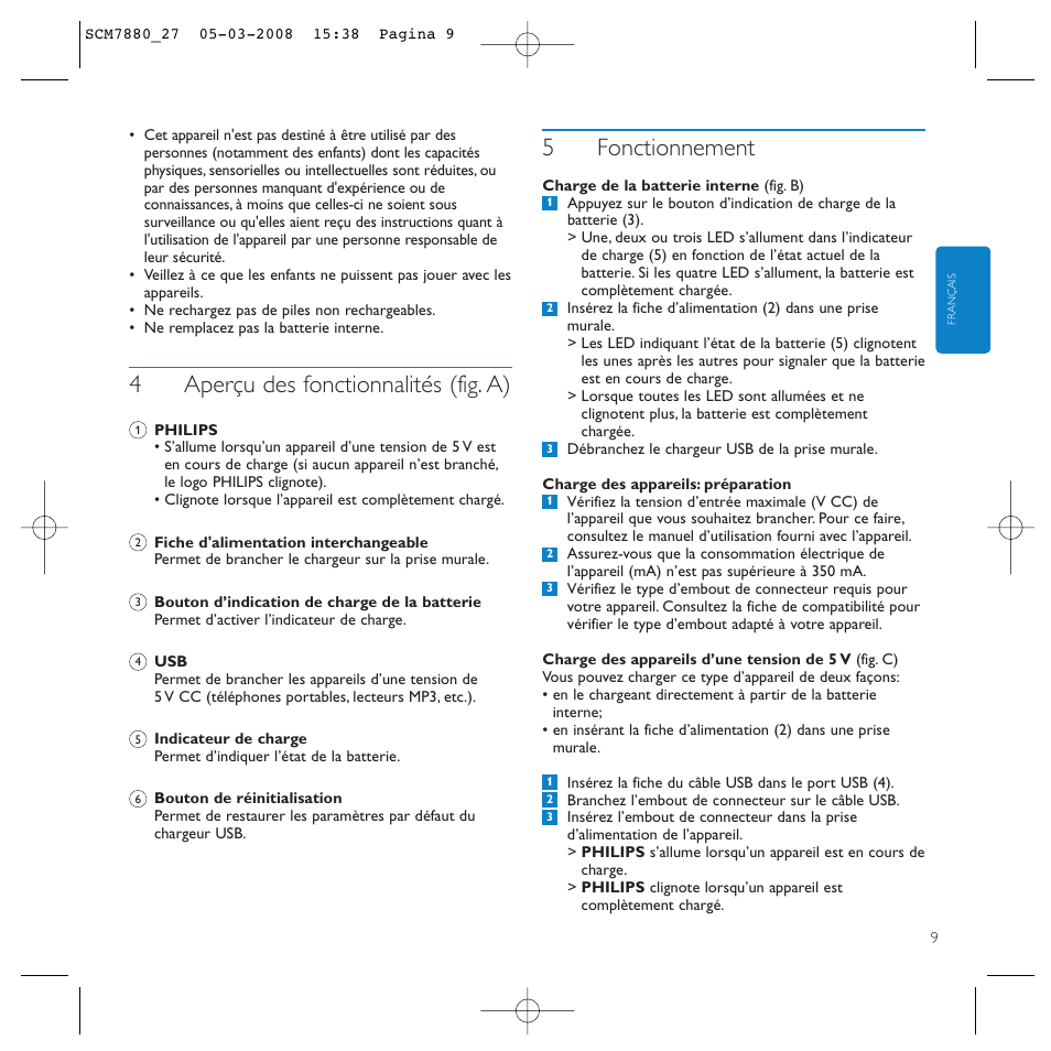 4aperçu des fonctionnalités (fig. a), 5fonctionnement | Philips SCM7880/27 User Manual | Page 9 / 16