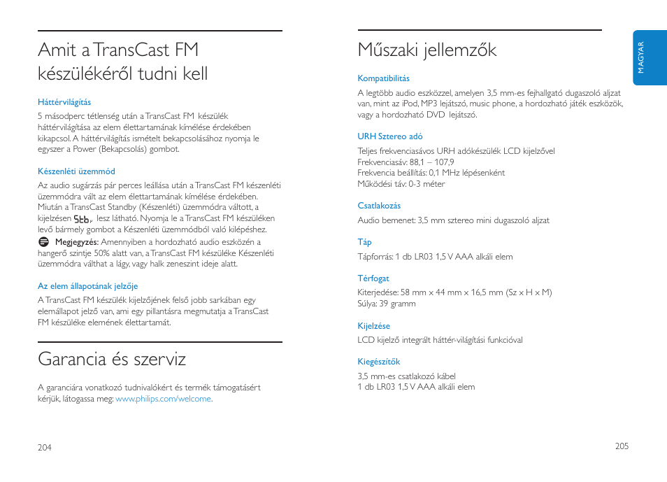 Műszaki jellemzők, Amit a transcast fm készülékéről tudni kell, Garancia és szerviz | Philips DLV92009/10 User Manual | Page 103 / 122