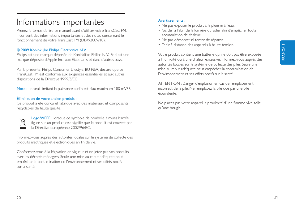 Informations importantes | Philips DLV92009/10 User Manual | Page 11 / 122