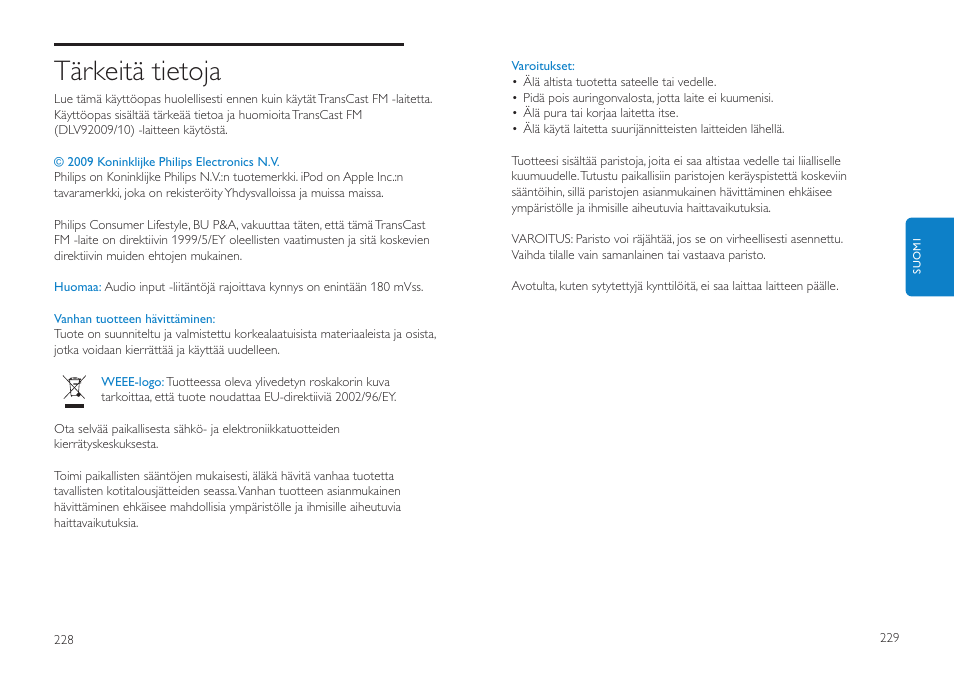 Tärkeitä tietoja | Philips DLV92009/10 User Manual | Page 115 / 122