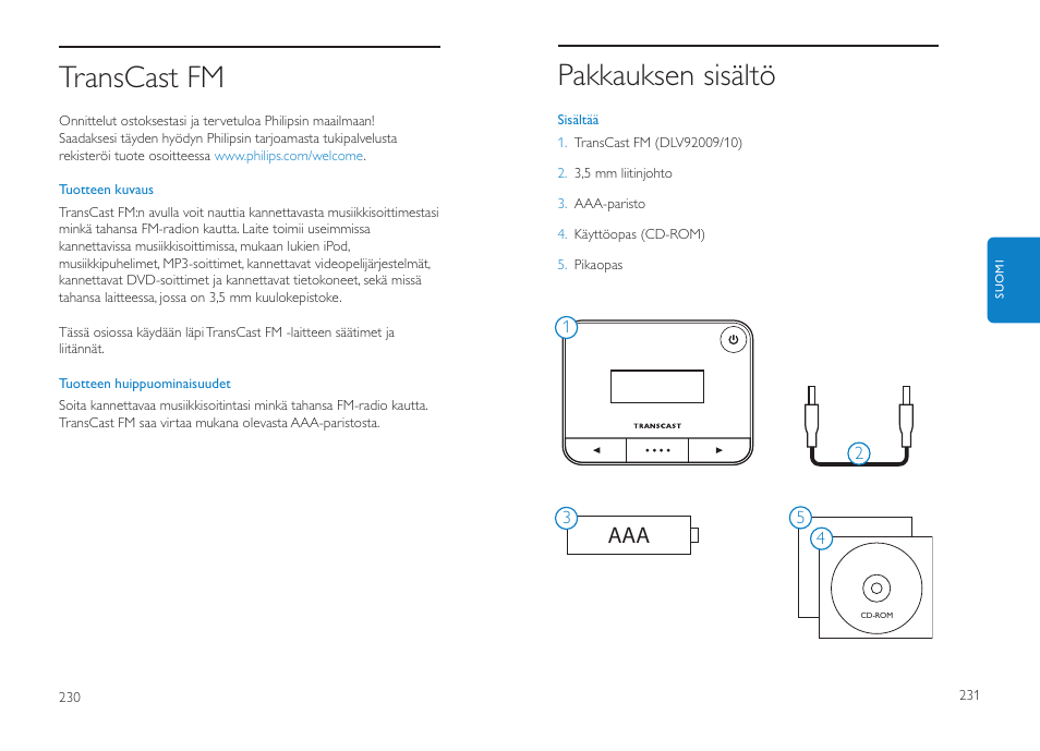 Pakkauksen sisältö, Transcast fm | Philips DLV92009/10 User Manual | Page 116 / 122