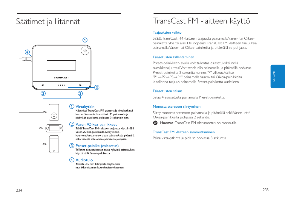 Transcast fm -laitteen käyttö, Säätimet ja liitännät | Philips DLV92009/10 User Manual | Page 118 / 122