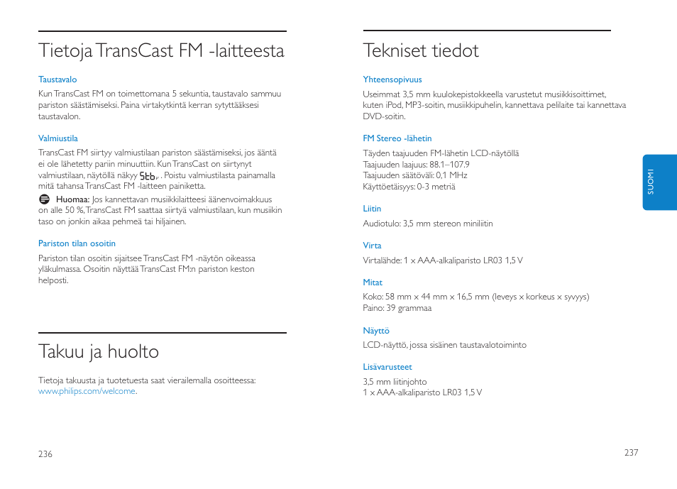 Tekniset tiedot, Tietoja transcast fm -laitteesta, Takuu ja huolto | Philips DLV92009/10 User Manual | Page 119 / 122