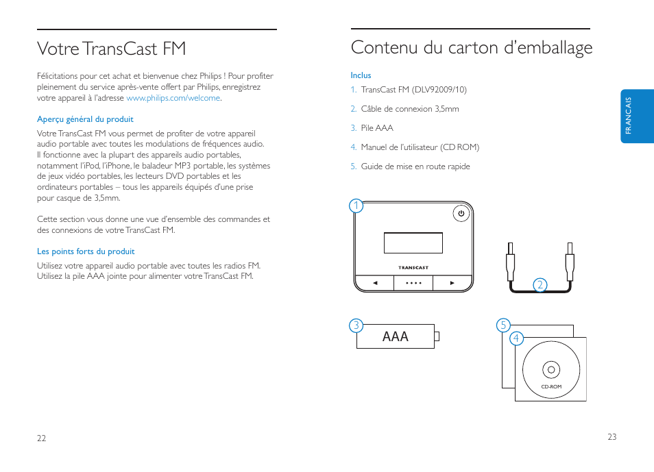 Contenu du carton d’emballage, Votre transcast fm, Aaa 1 power button | Left/right buttons, Preset button, Audio input | Philips DLV92009/10 User Manual | Page 12 / 122