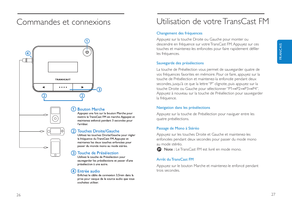 Utilisation de votre transcast fm, Commandes et connexions | Philips DLV92009/10 User Manual | Page 14 / 122