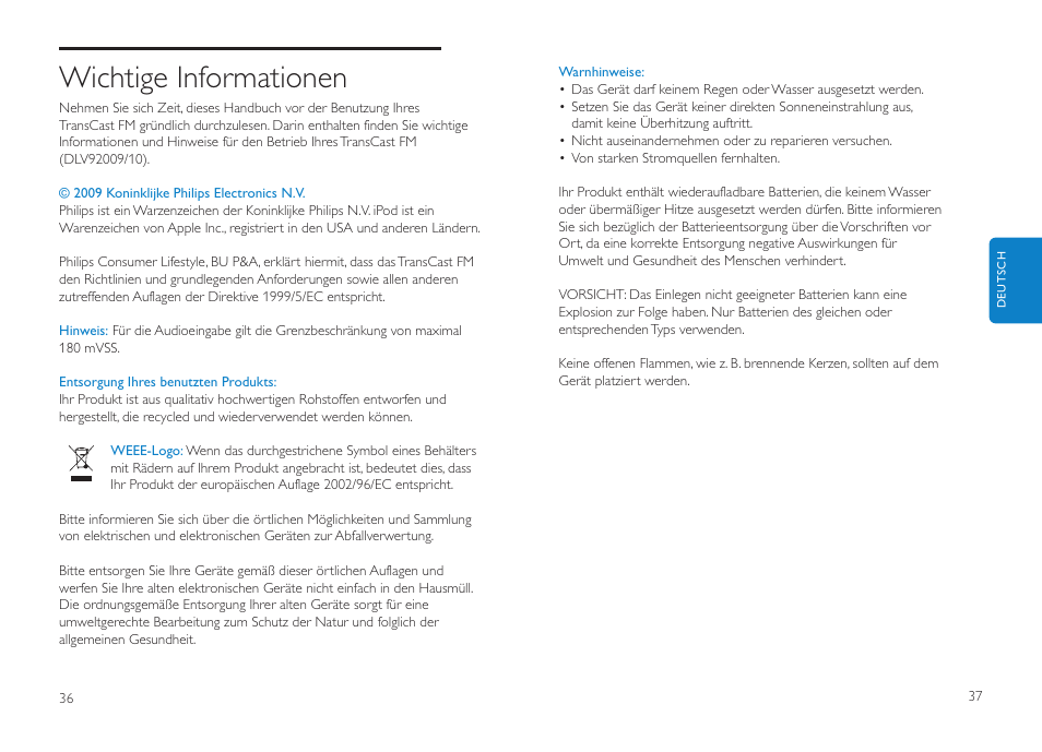 Wichtige informationen | Philips DLV92009/10 User Manual | Page 19 / 122