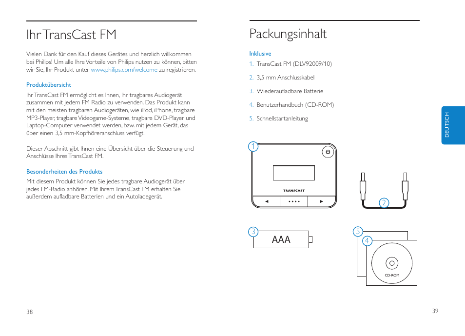 Packungsinhalt, Ihr transcast fm, Aaa 1 power button | Left/right buttons, Preset button, Audio input | Philips DLV92009/10 User Manual | Page 20 / 122