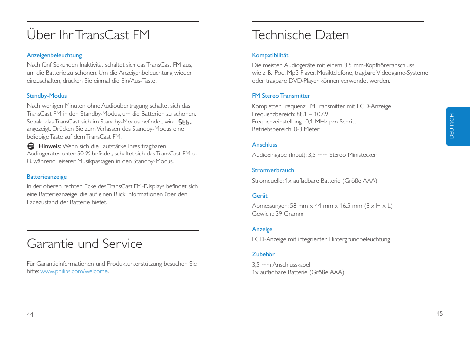 Technische daten, Über ihr transcast fm, Garantie und service | Philips DLV92009/10 User Manual | Page 23 / 122