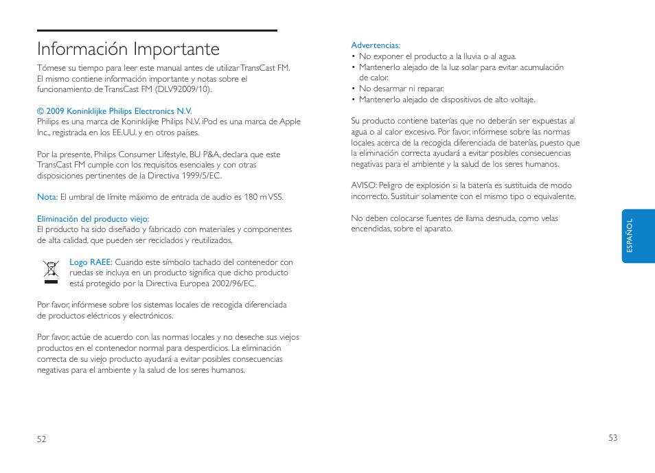 Información importante | Philips DLV92009/10 User Manual | Page 27 / 122