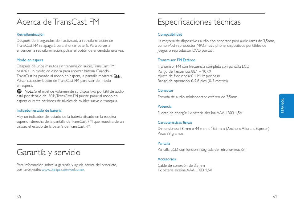 Especificaciones técnicas, Acerca de transcast fm, Garantía y servicio | Philips DLV92009/10 User Manual | Page 31 / 122