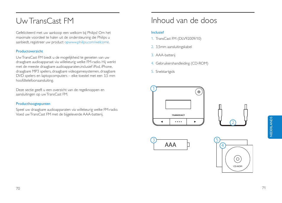 Inhoud van de doos, Uw transcast fm, Aaa 1 power button | Left/right buttons, Preset button, Audio input | Philips DLV92009/10 User Manual | Page 36 / 122