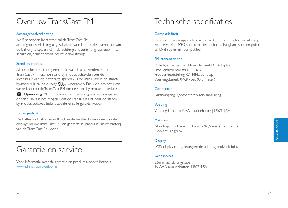 Technische specificaties, Over uw transcast fm, Garantie en service | Philips DLV92009/10 User Manual | Page 39 / 122