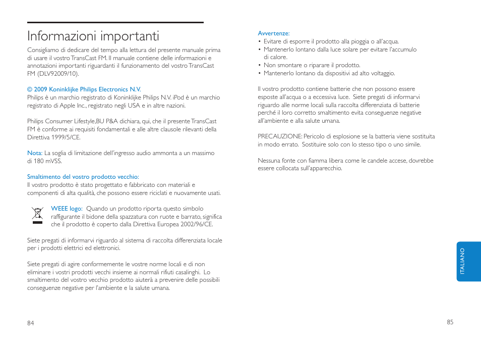 Informazioni importanti | Philips DLV92009/10 User Manual | Page 43 / 122