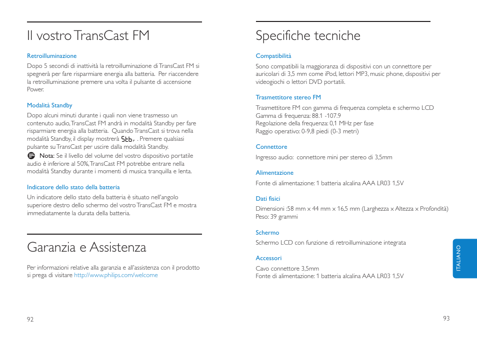 Specifiche tecniche, Il vostro transcast fm, Garanzia e assistenza | Philips DLV92009/10 User Manual | Page 47 / 122