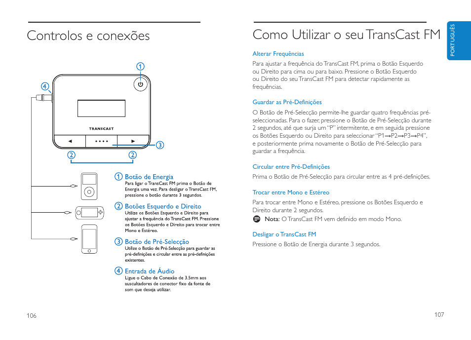 Como utilizar o seu transcast fm, Controlos e conexões | Philips DLV92009/10 User Manual | Page 54 / 122