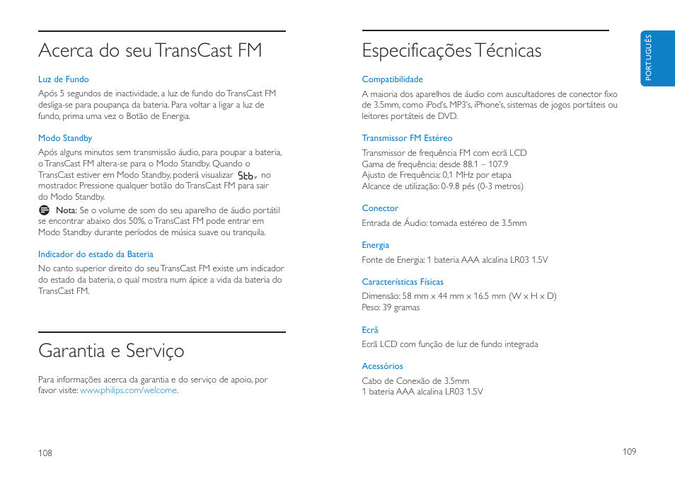 Especificações técnicas, Acerca do seu transcast fm, Garantia e serviço | Philips DLV92009/10 User Manual | Page 55 / 122