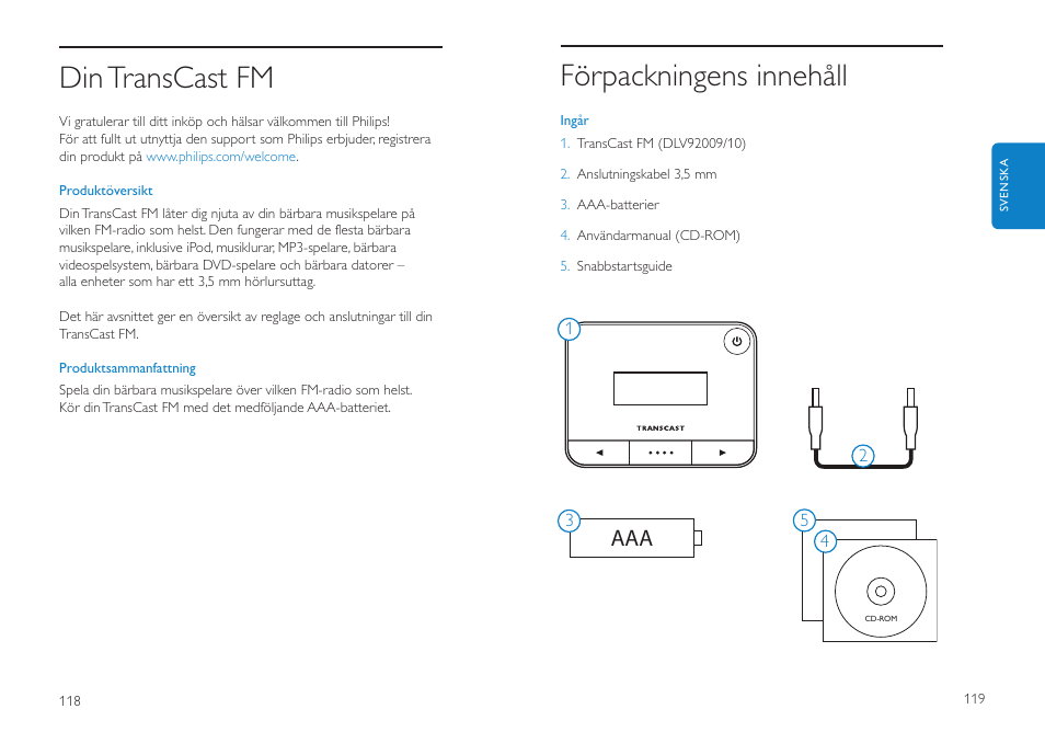 Förpackningens innehåll, Din transcast fm | Philips DLV92009/10 User Manual | Page 60 / 122