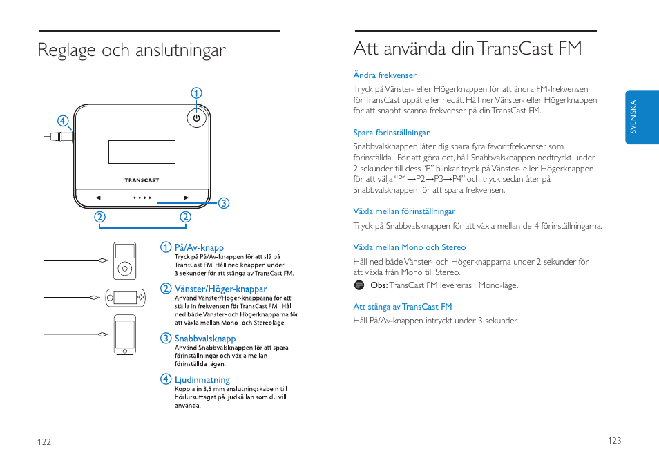 Att använda din transcast fm, Reglage och anslutningar | Philips DLV92009/10 User Manual | Page 62 / 122