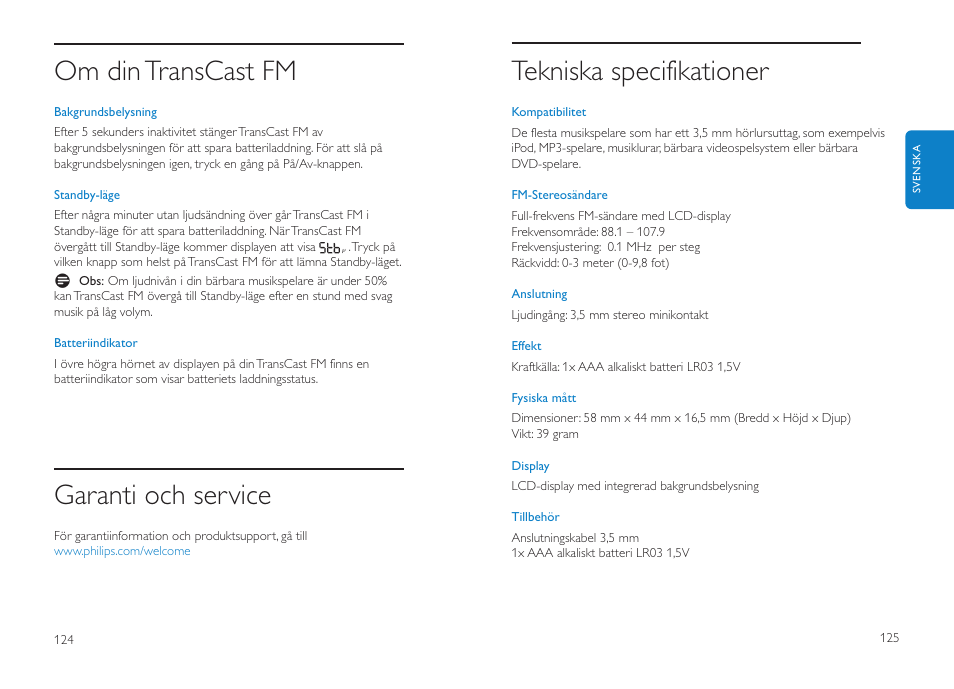 Tekniska specifikationer, Om din transcast fm, Garanti och service | Philips DLV92009/10 User Manual | Page 63 / 122