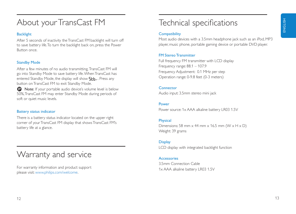 Technical speciﬁcations, About your transcast fm, Warranty and service | Philips DLV92009/10 User Manual | Page 7 / 122