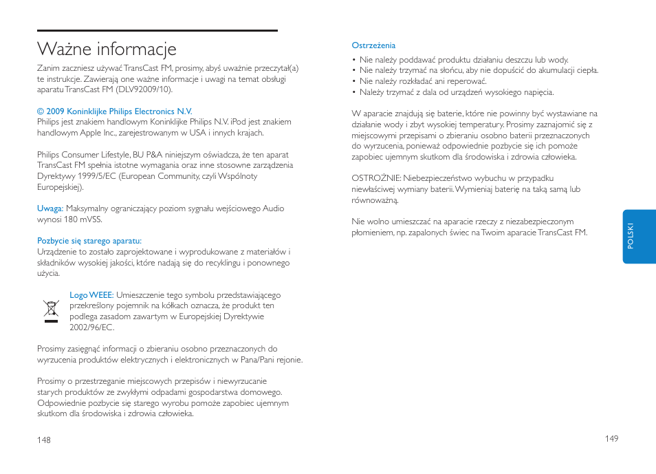 Ważne informacje | Philips DLV92009/10 User Manual | Page 75 / 122