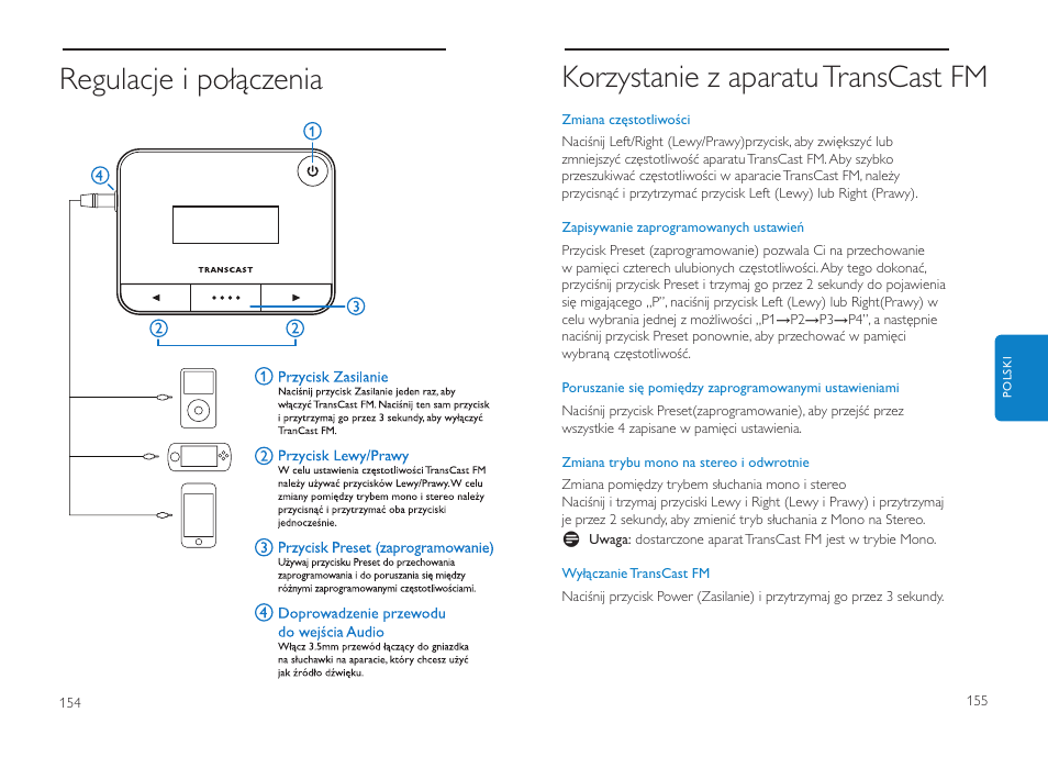 Korzystanie z aparatu transcast fm, Regulacje i połączenia | Philips DLV92009/10 User Manual | Page 78 / 122