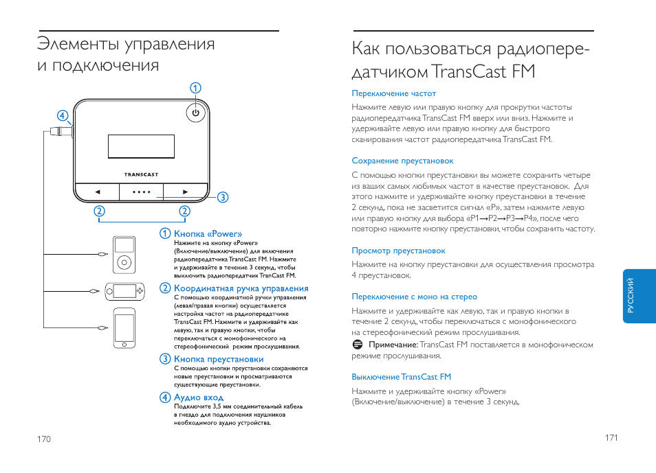 Как пользоваться радиопере- датчиком transcast fm, Элементы управления и подключения | Philips DLV92009/10 User Manual | Page 86 / 122
