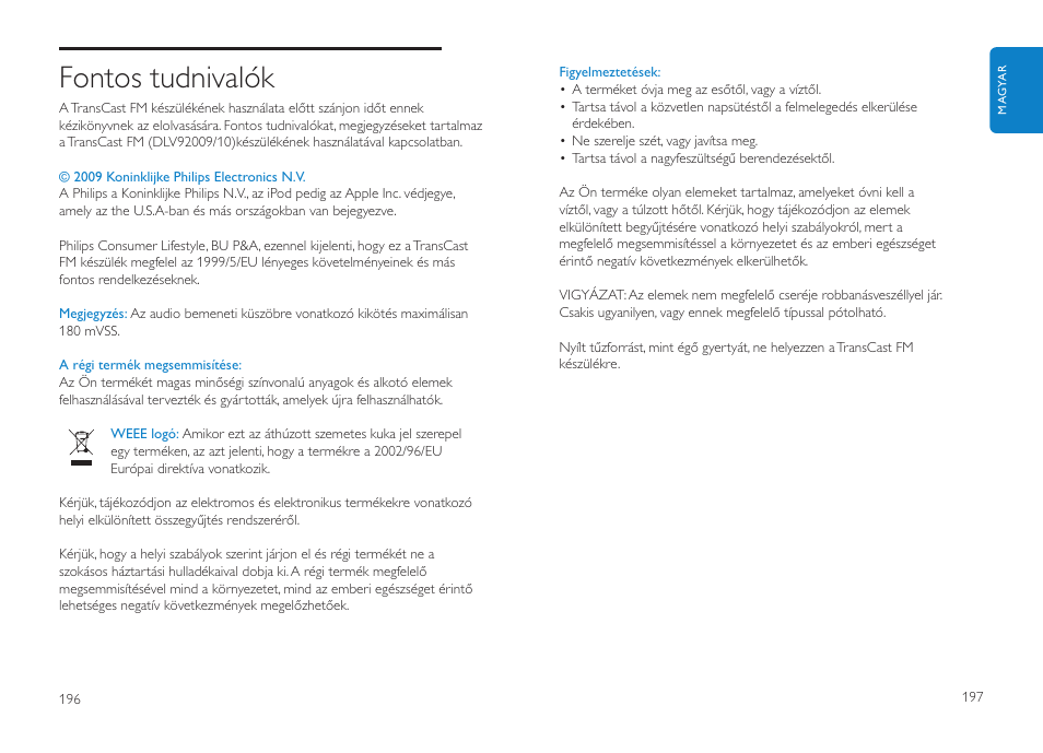 Fontos tudnivalók | Philips DLV92009/10 User Manual | Page 99 / 122