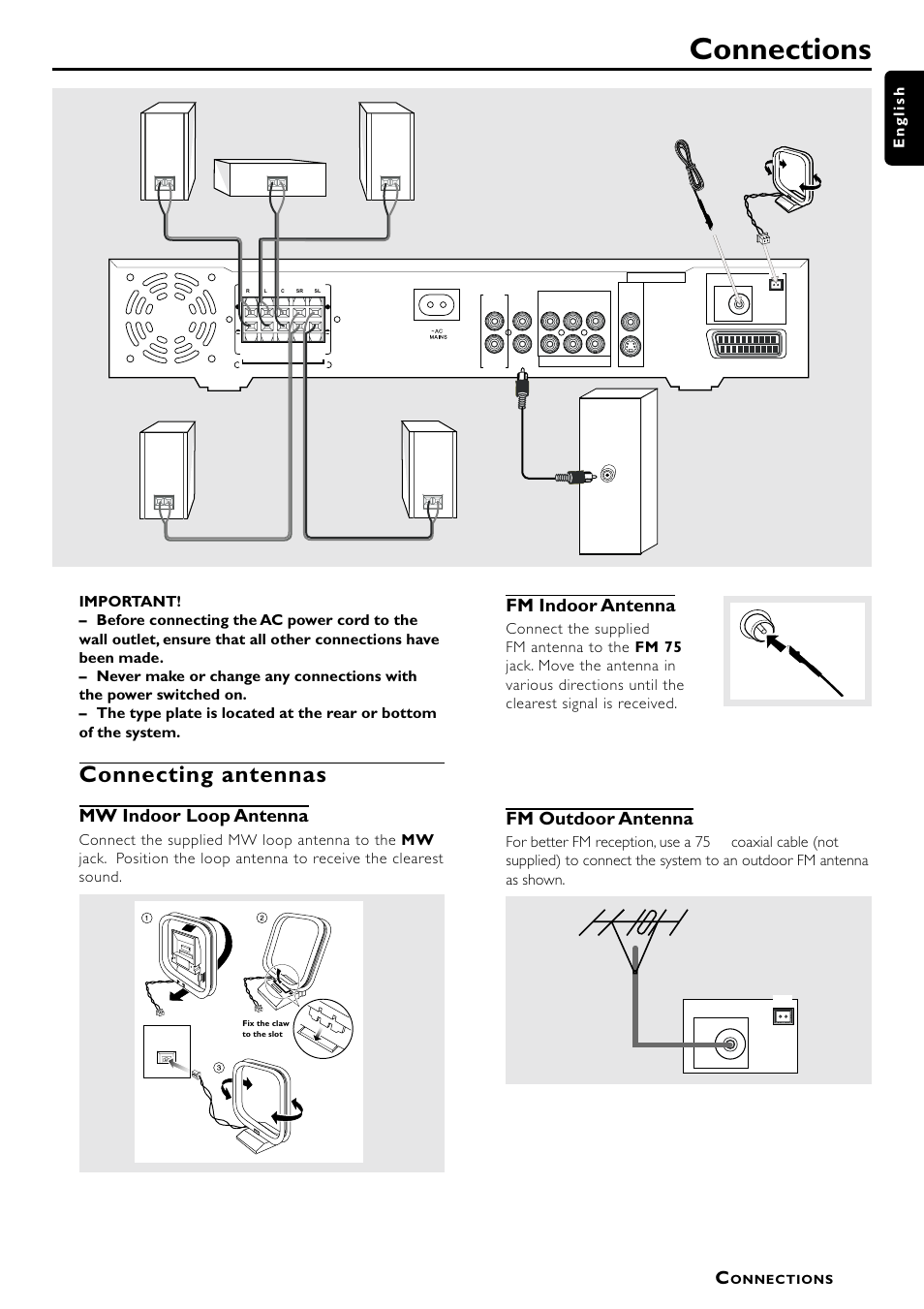 Connections, Connecting antennas, Mw indoor loop antenna | Fm indoor antenna, Fm outdoor antenna | Philips LX7000SA User Manual | Page 11 / 31